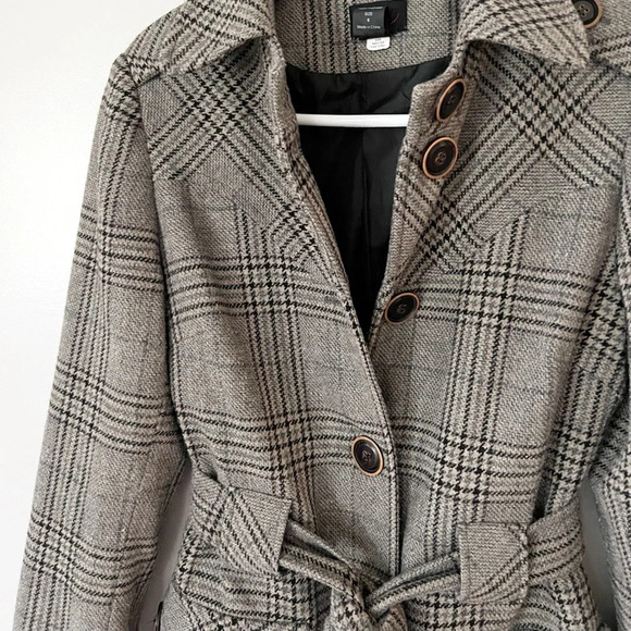 Vintage Y2K 90s Plaid Wool Coat Academia 6 Small Preppy Trench Lined Equestrian - Picture 2 of 11